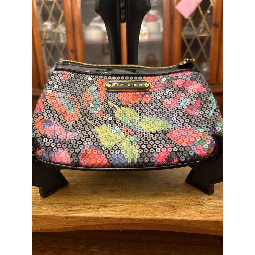 Betsey Johnson Pouch Women Small Black Sequin Butterfly Excellent Whimsical Glam